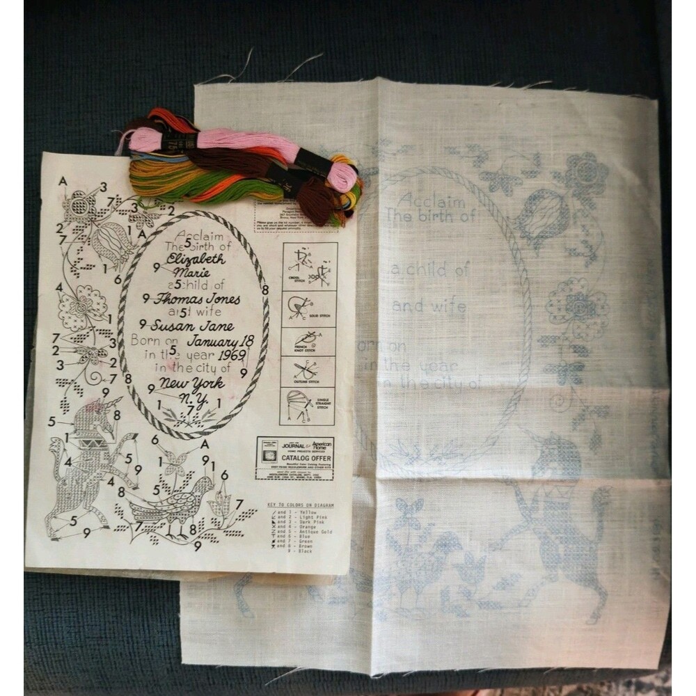 Paragon Stamped Embroidery Kit Linen Sampler Birth Announcement New 13" x 16"